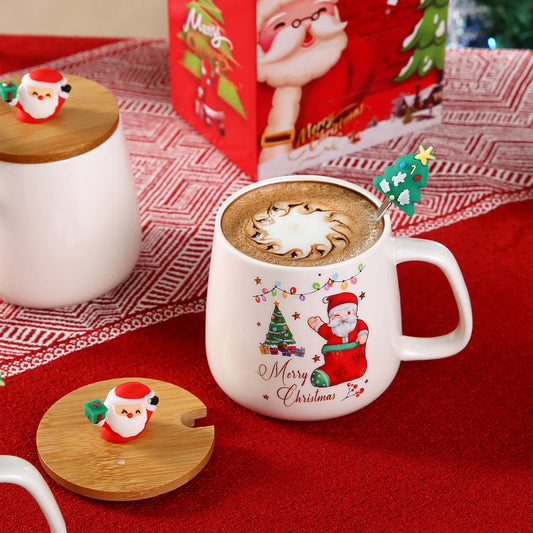 Christmas gift ceramic mug with lid and spoon